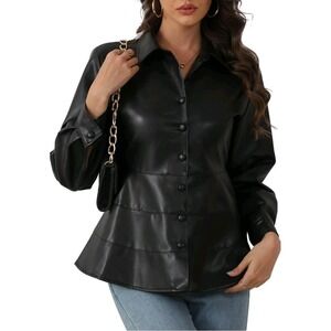 Ladyful Women's Faux Leather Long Sleeve Button Down Tiered Blouse, Black Medium